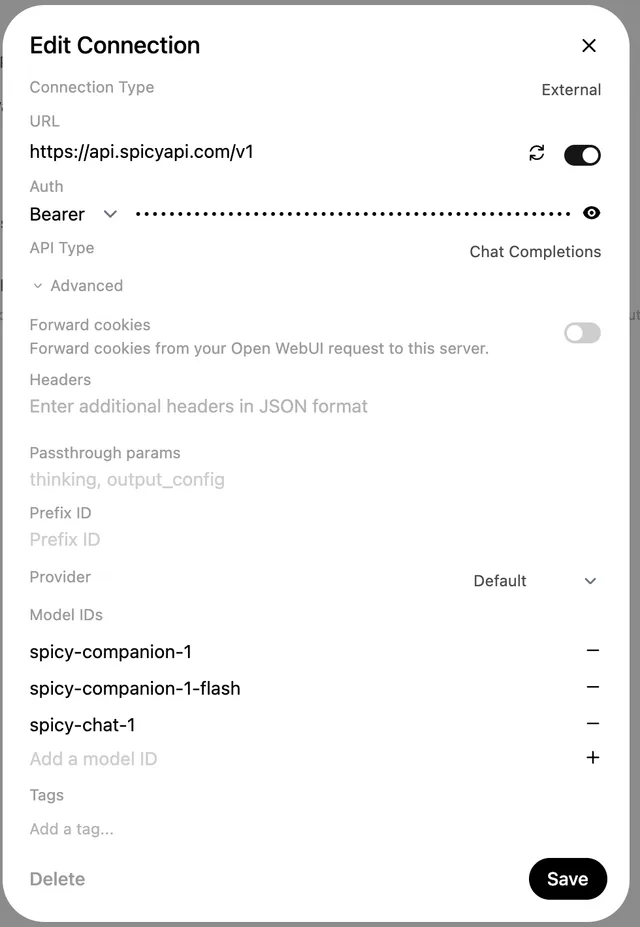 Open WebUI Edit Connection dialog: URL https://api.spicyapi.com/v1, Bearer auth with the key hidden, Chat Completions, and the three Spicy API chat models under Model IDs