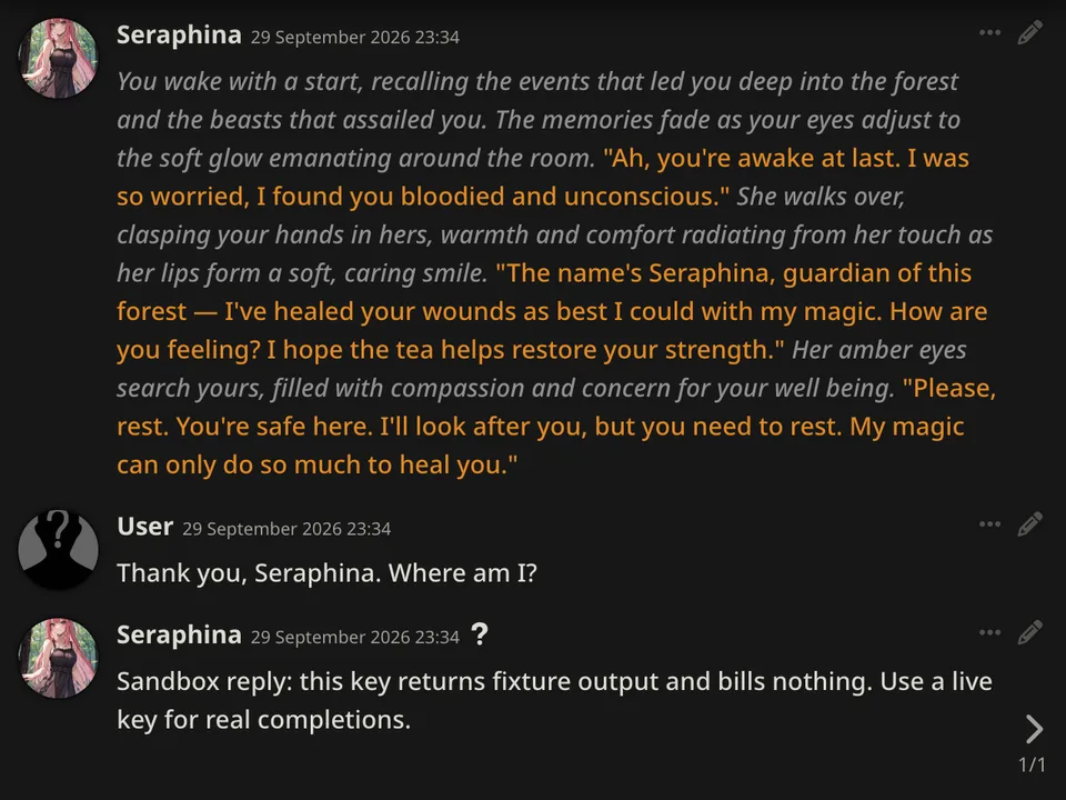 A SillyTavern chat with the default Seraphina card answered through Spicy API (a sandbox key returns a fixed reply)
