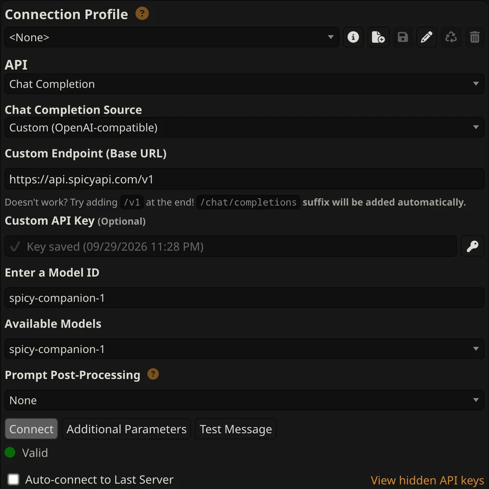 SillyTavern API Connections panel: Chat Completion, Custom (OpenAI-compatible), base URL https://api.spicyapi.com/v1, key saved, model spicy-companion-1, status Valid